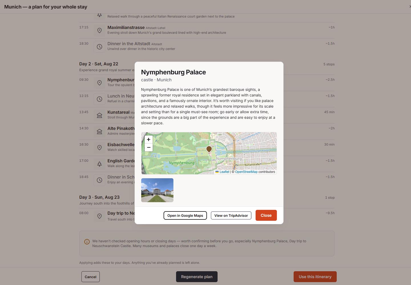 Dayworthy feature screenshot placeholder showing an AI itinerary preview organized into realistic days.