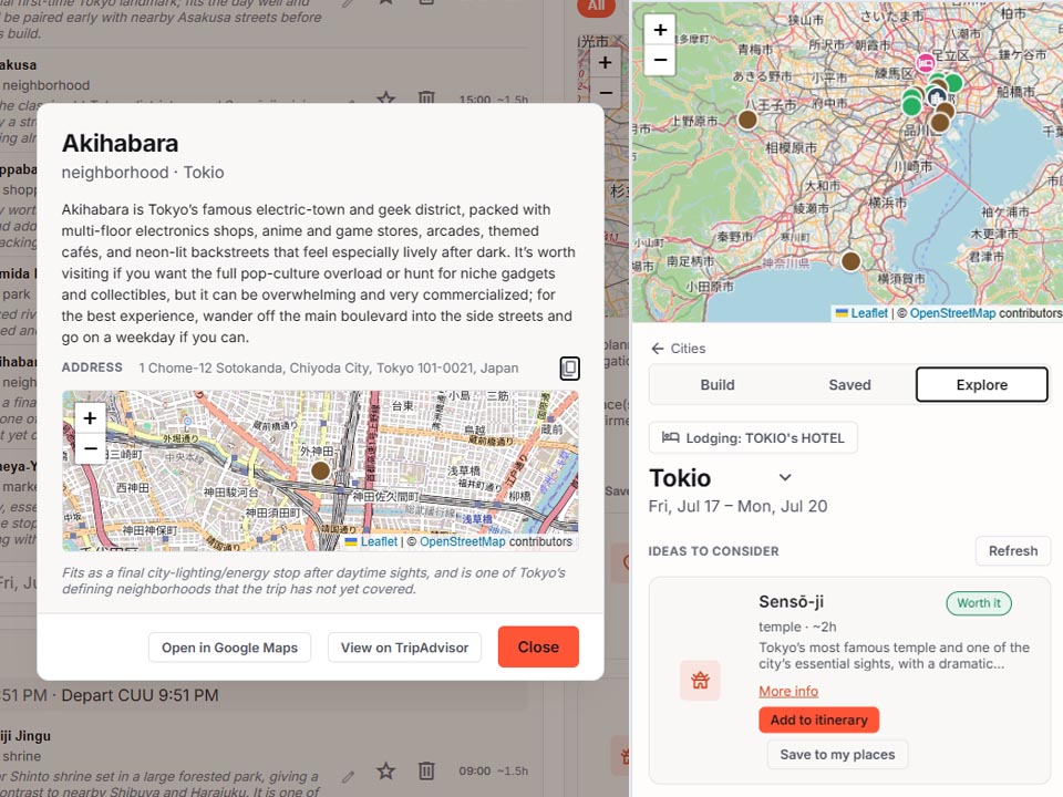 Dayworthy explore view suggesting activities that fit the current trip.