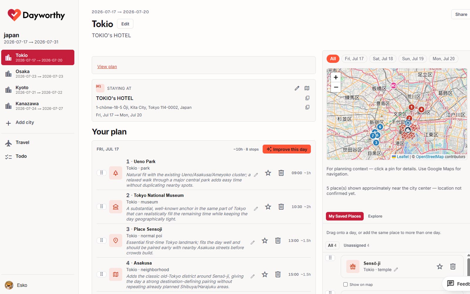Dayworthy planning workspace showing a day-by-day itinerary with places marked essential, optional, and not worth prioritizing.