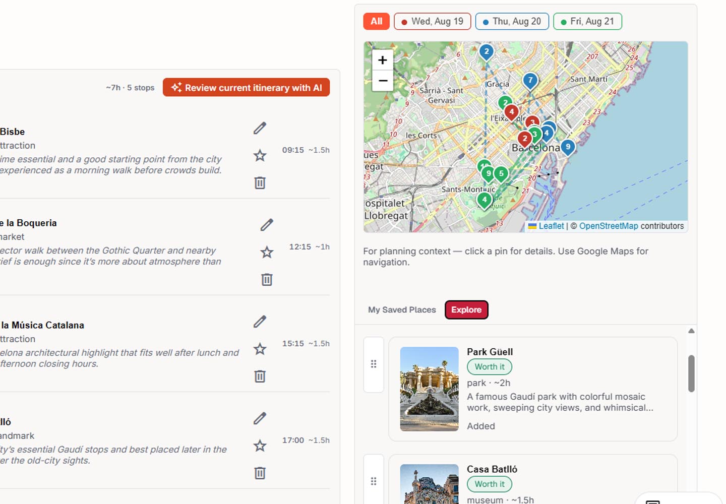 Dayworthy feature screenshot placeholder showing activity and place ideas to explore in a city.