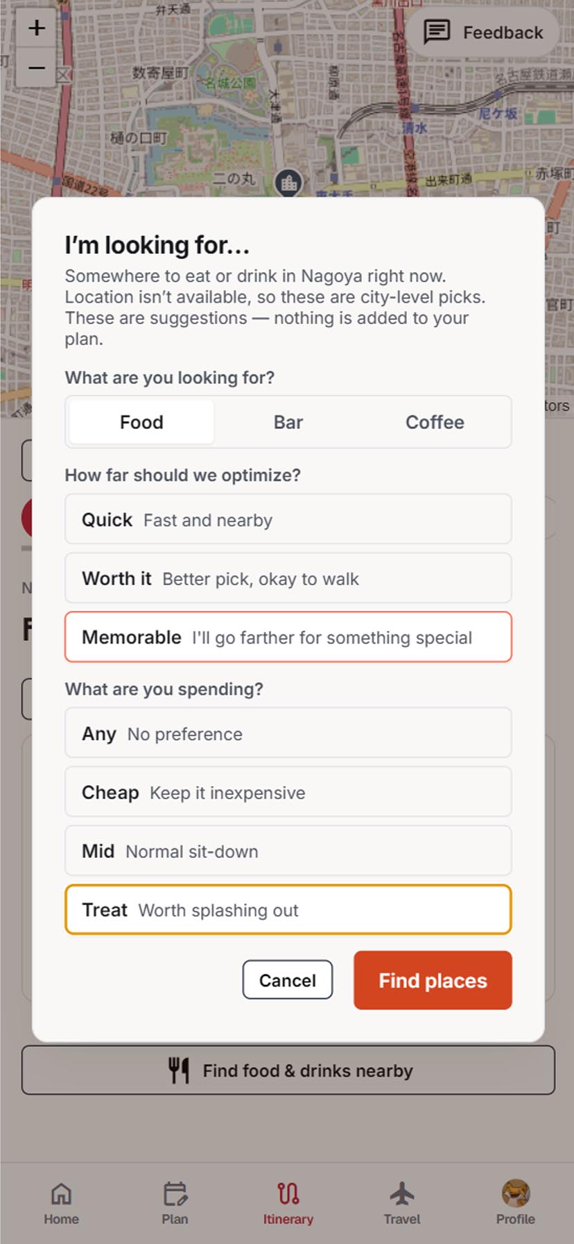 Dayworthy mobile feature screenshot placeholder showing nearby food and drink search during a trip.