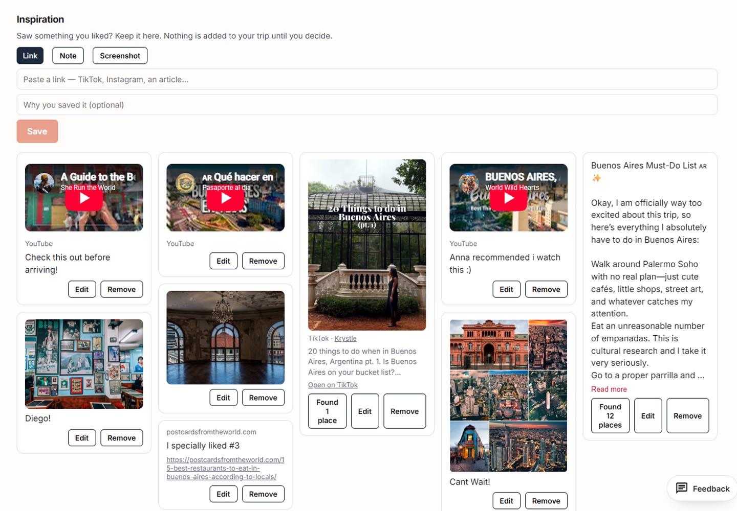 Dayworthy feature screenshot placeholder showing an Inspiration board with saved travel ideas.