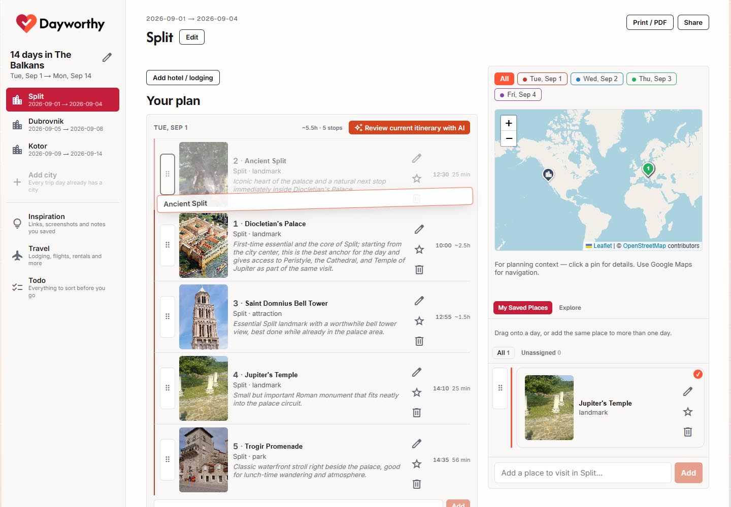 Dayworthy feature screenshot placeholder showing controls for editing and reorganizing an itinerary.