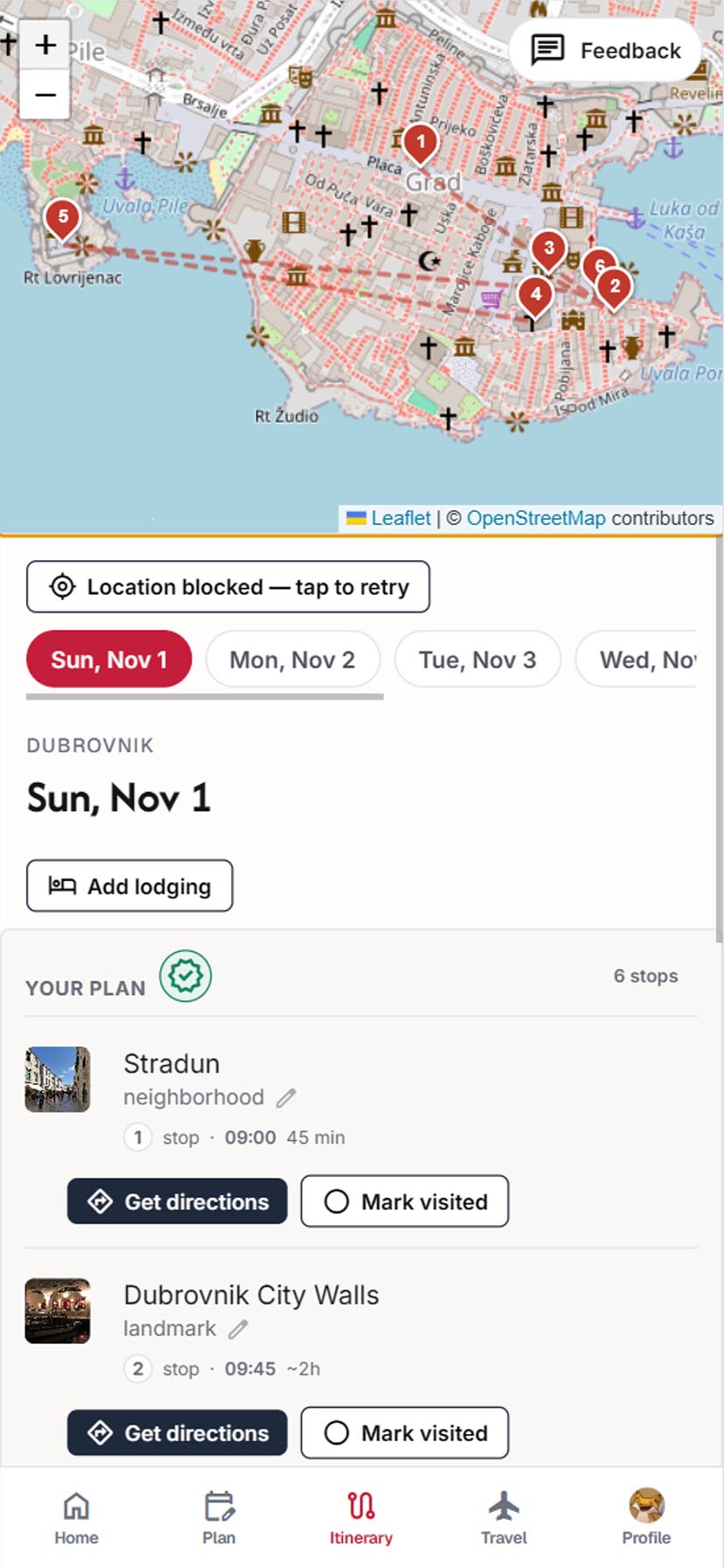 Dayworthy mobile feature screenshot placeholder showing travel-day mode with today’s plan and the next stop.