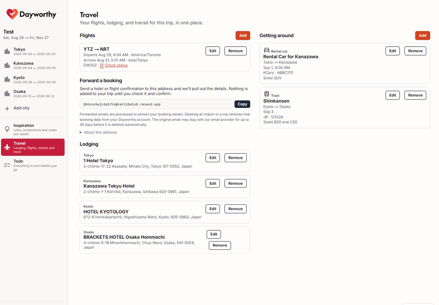 Dayworthy feature screenshot placeholder showing flights, lodging, and transportation details saved for a trip.