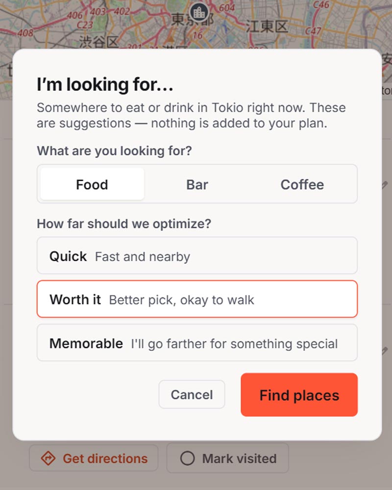 Dayworthy suggesting nearby food and coffee options that fit the trip.