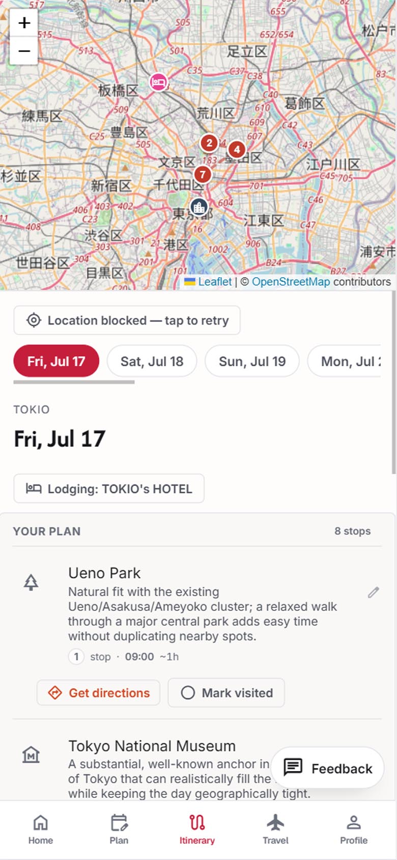 Dayworthy on a phone showing today’s itinerary with the next stop highlighted.