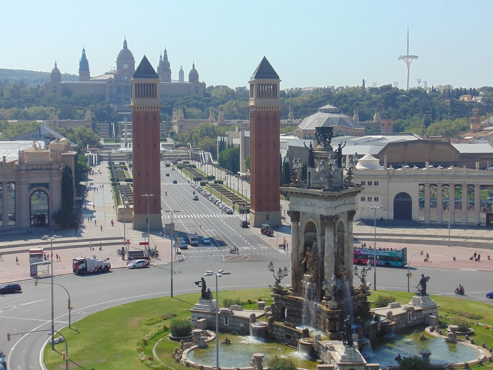 The two Venetian towers and the fountain at Plaça d’Espanya, with the National Palace on Montjuïc in the distance