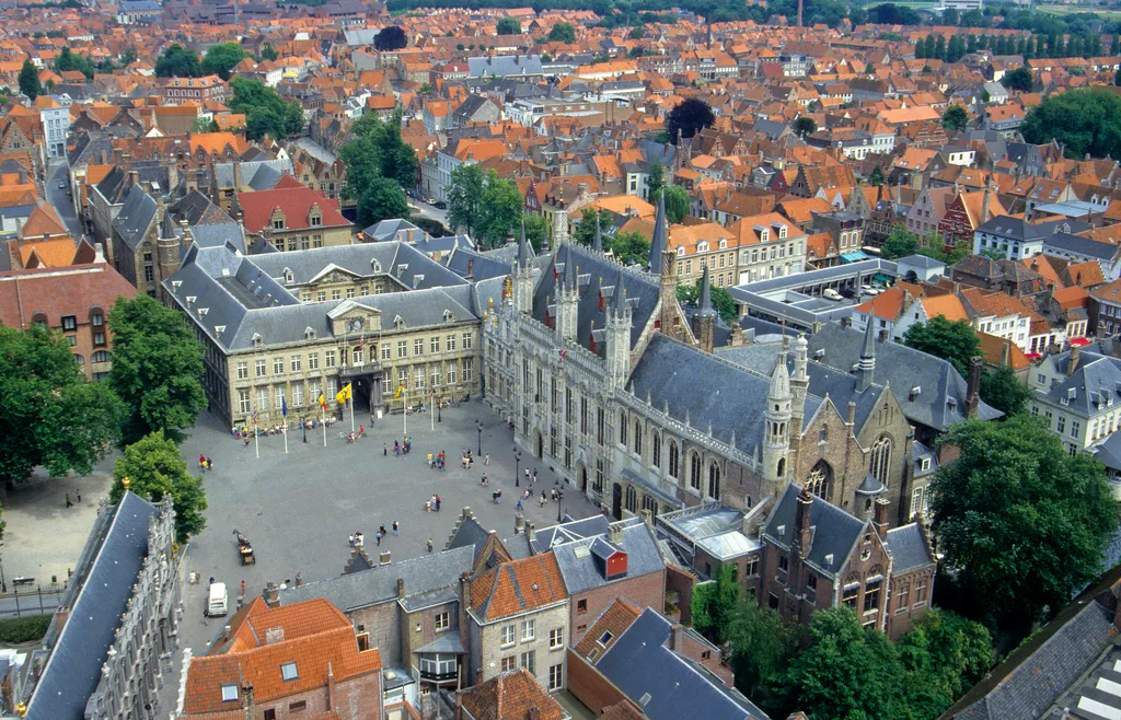 An aerial view of the Burg square and its Gothic town hall, seen from the Belfry