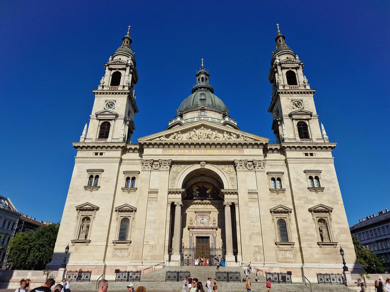 The twin bell towers and dome of St. Stephen’s Basilica above its steps
