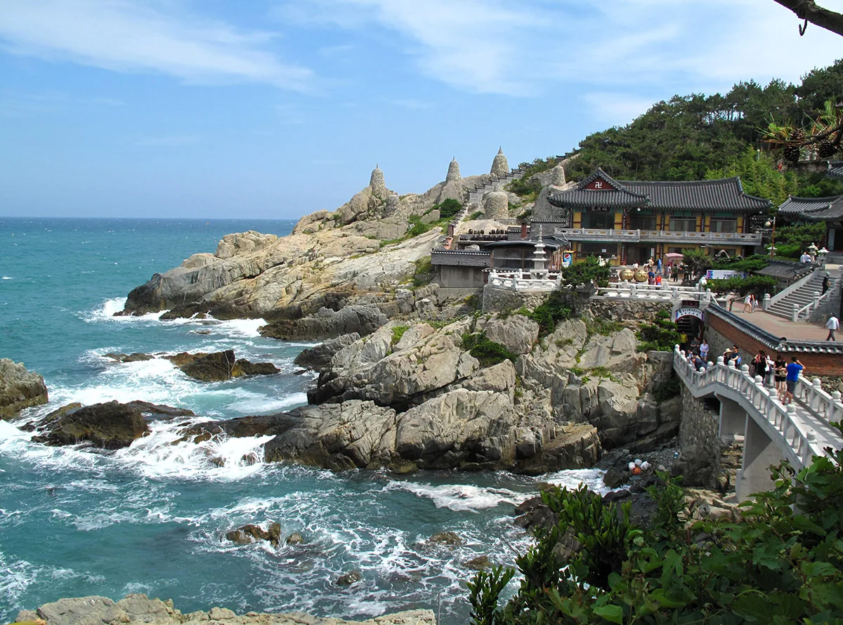 Haedong Yonggungsa temple perched on coastal rocks above the sea