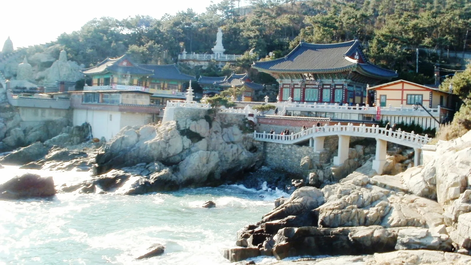 Haedong Yonggungsa’s tiled temple halls and a white arched bridge on the rocks above the sea