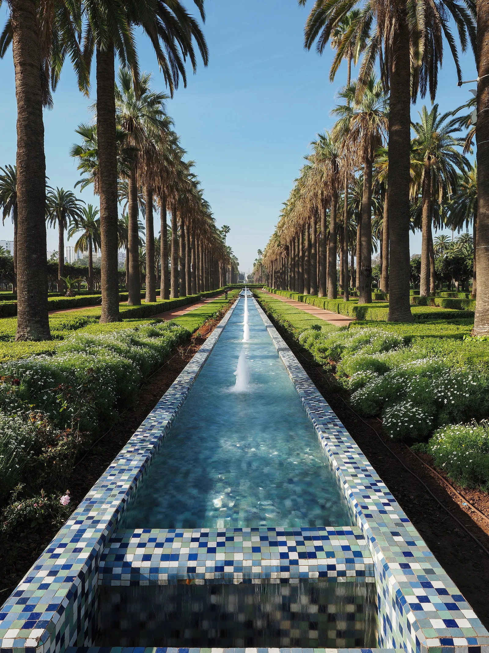 A long rectangular fountain canal lined with palm trees in the Arab League Park