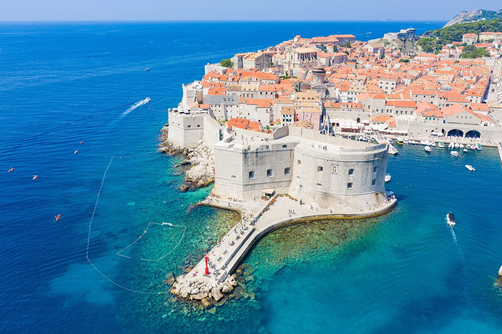 Fort St John and the Porporela pier at the edge of the Old Town, from above