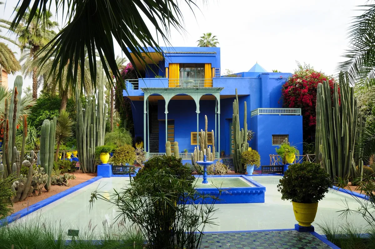 Blue architecture and plants at Jardin Majorelle in Marrakech