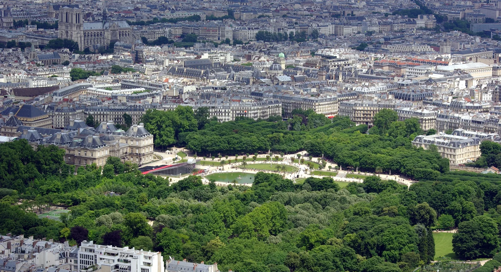 Jardin du Luxembourg with formal gardens and Paris rooftops