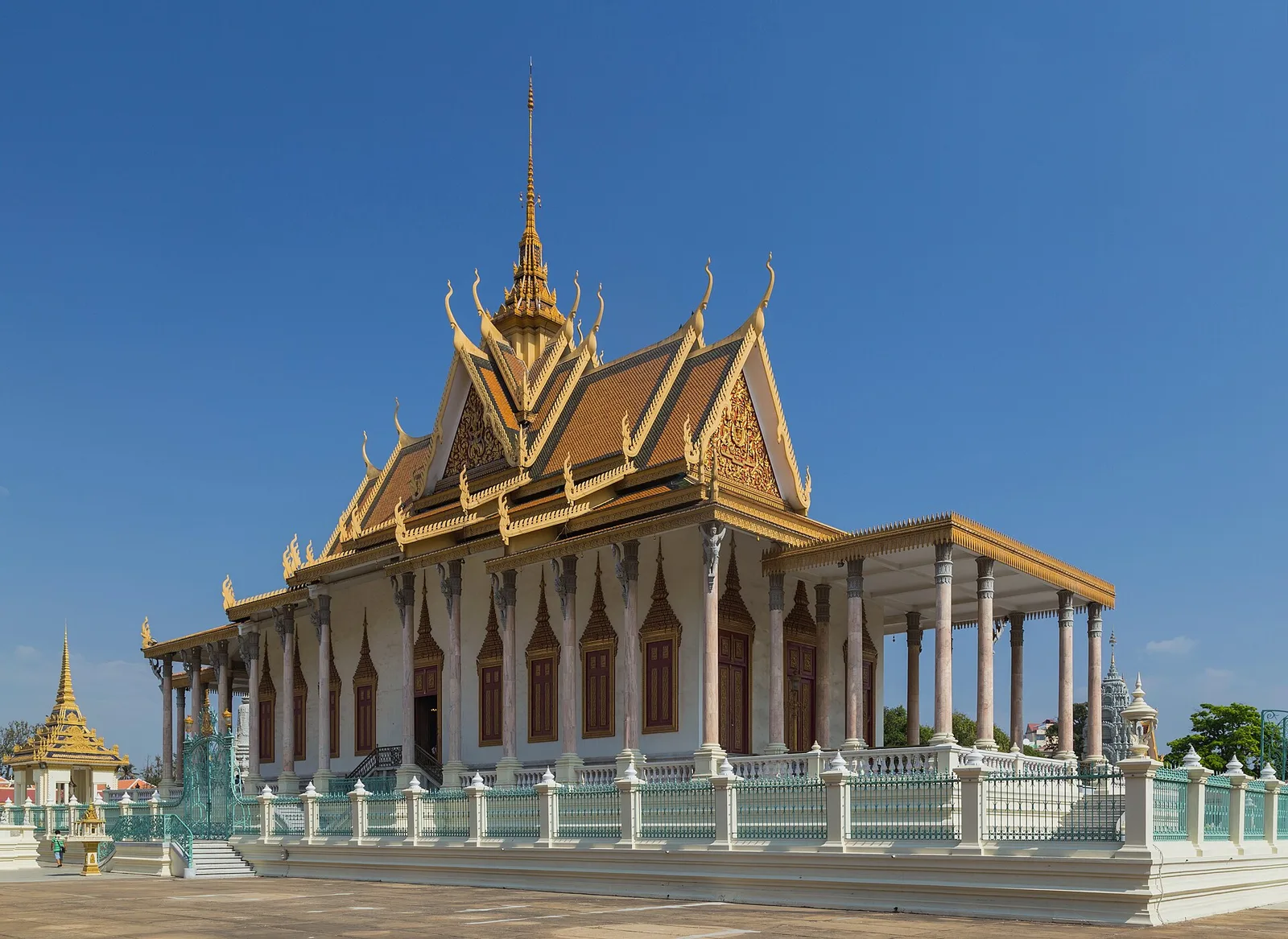 The gilded roofs and spires of the Silver Pagoda compound at the Royal Palace in Phnom Penh