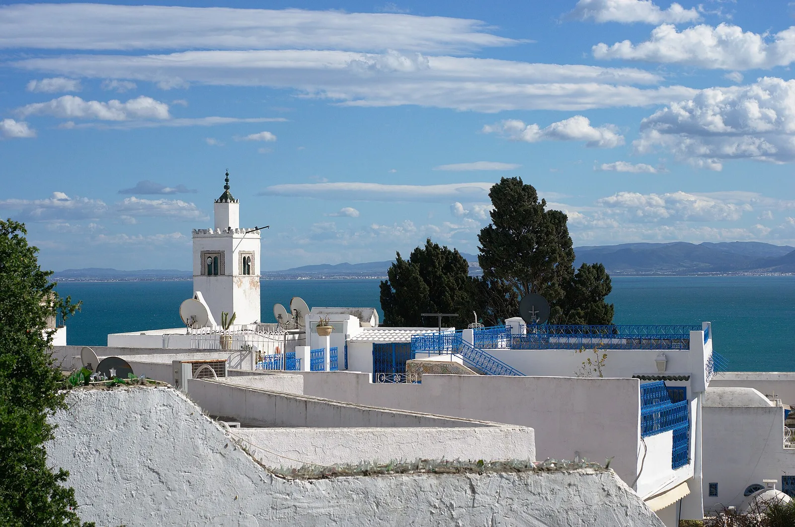 White houses with blue railings and a mosque minaret above the sea at Sidi Bou Said
