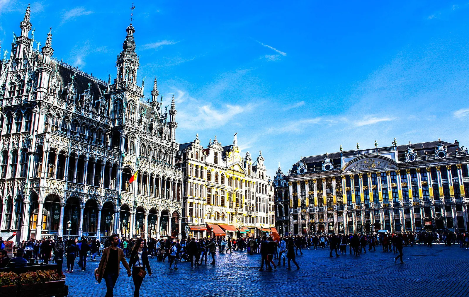 The ornate gilded guildhalls on Brussels’ Grand-Place under a blue sky