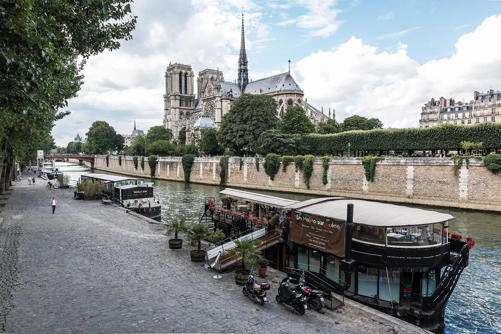 Notre-Dame cathedral beside the Seine in Paris, seen from the river bank under a partly cloudy sky